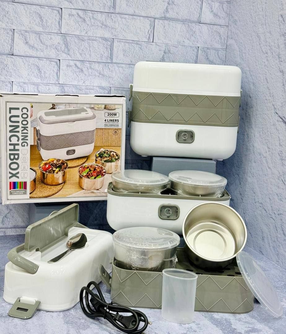 لانچ‌باکس برقی چندکاره ۲ لیتری مدل Cooking Lunch Box | گرم‌کن و پلوپز مسافرتی دو طبقه ۴کاسه